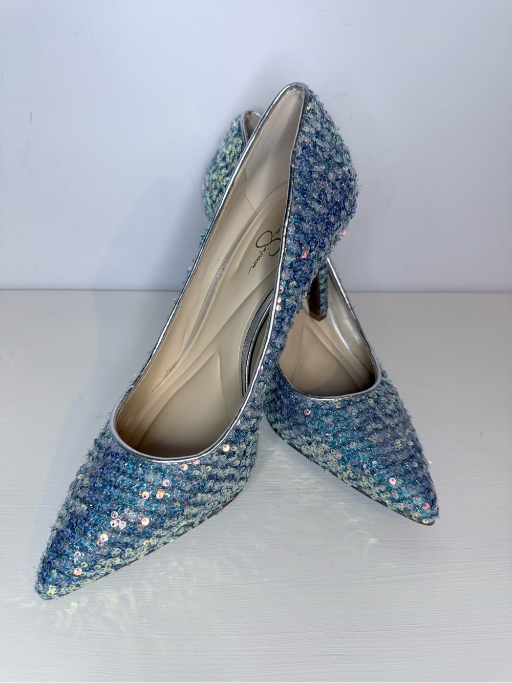 Jessica Simpson Blue Iridescent Tweed Sequin Pointed Toe Pumps Size 8.5 - Picture 2 of 13
